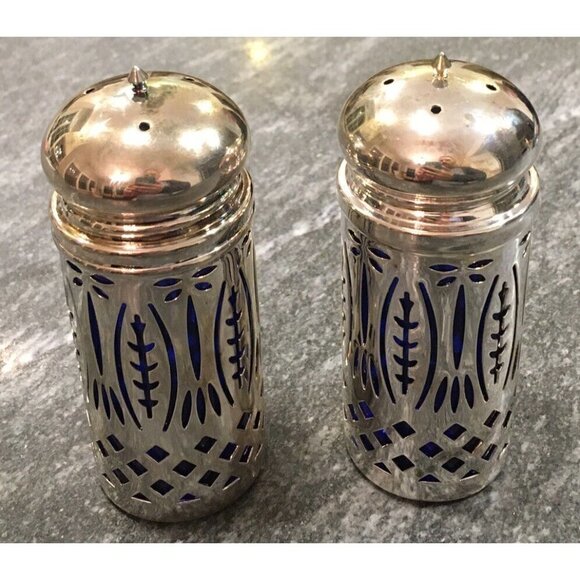 Cobalt Blue Glass SilverPlate Pierced Metal Salt & Pepper Shakers Decorative - Picture 1 of 3